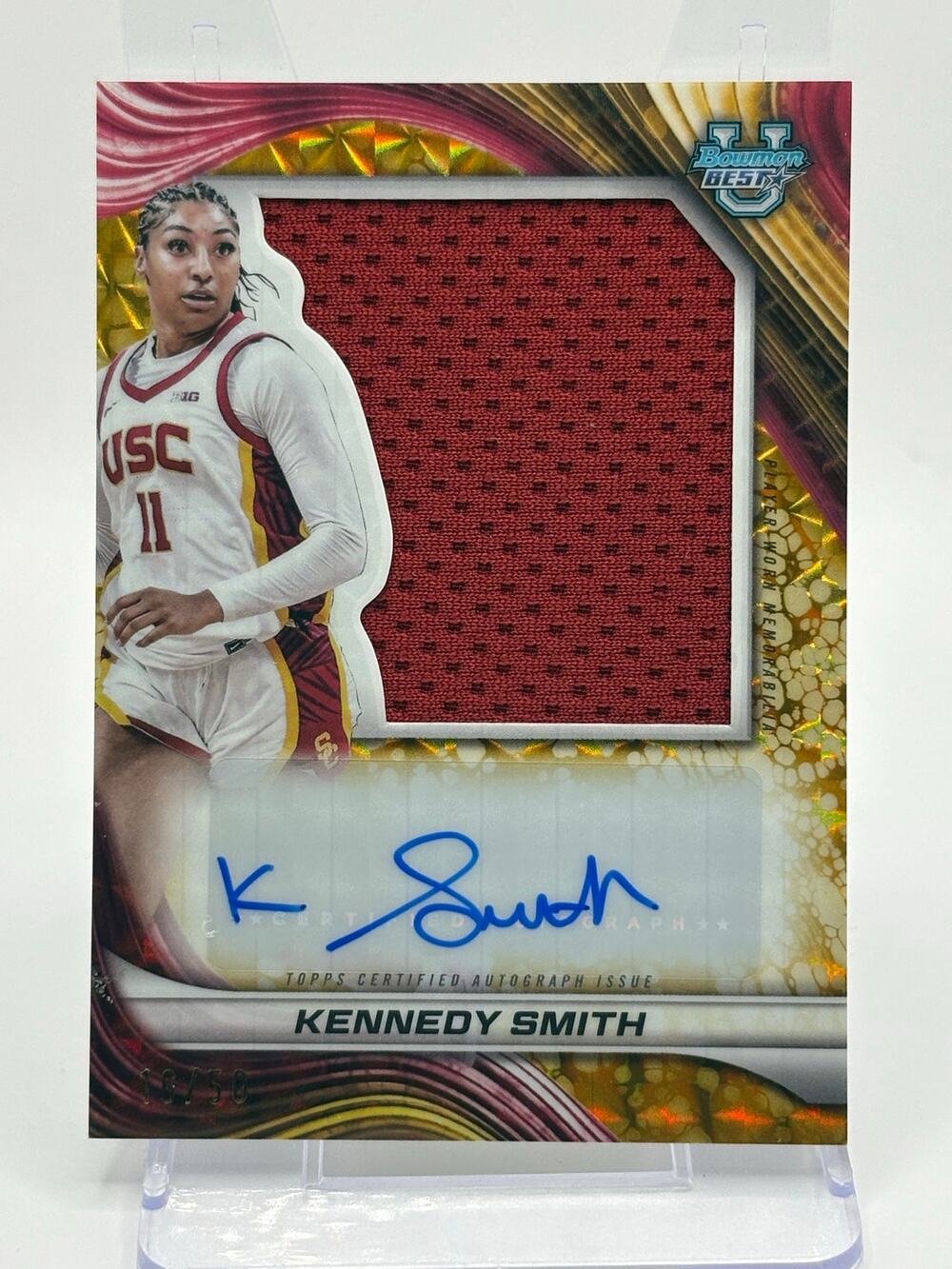 2024-25 Bowman Best U Kennedy Smith Gold Jumbo Jersey Patch Auto 16/50 SP USC